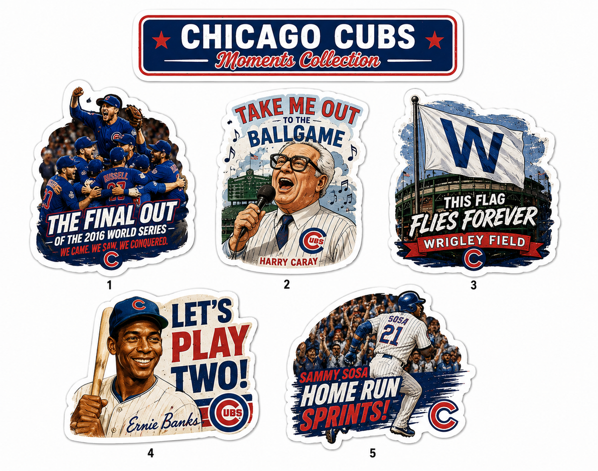 Chicago Cubs Moments Sticker Collection – Set of 5 Die-Cut Baseball Stickers – Wrigley Field, 2016 World Series & Cubs Legends