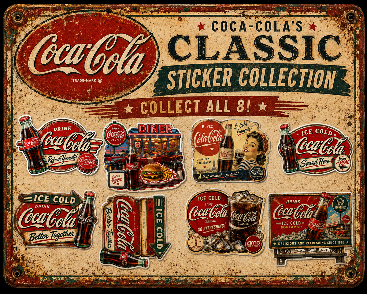 Vintage Coca-Cola Die-Cut Sticker Collection – Set of 8 Classic Coke Retro Advertising Stickers