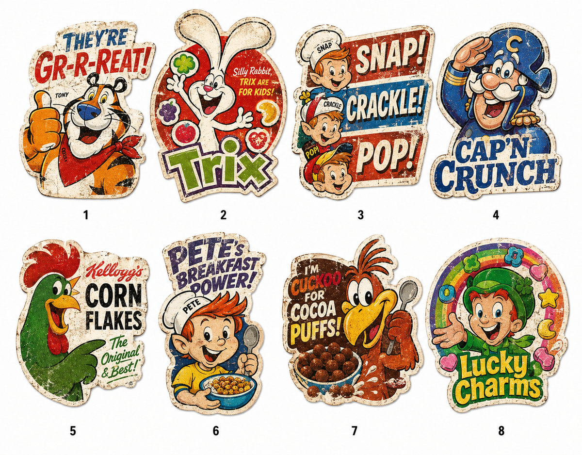 Numbered view of the 8 cereal classic die-cut stickers
