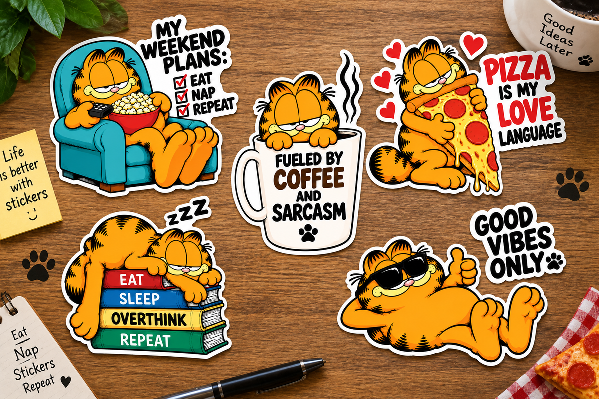 Funny Garfield Sticker Pack – Set of 5 Die-Cut Vinyl Stickers | Pizza, Coffee, Lazy & Sarcastic Cat Designs