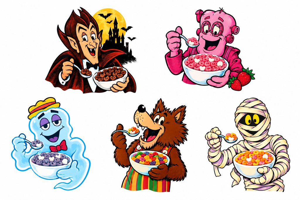 Halloween Cereal Monster Sticker Pack – Set of 5 Cute Retro Monster Die-Cut Stickers