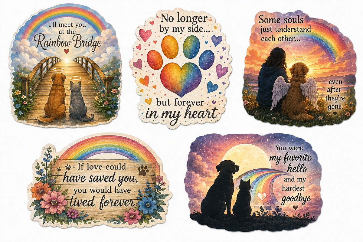 Rainbow Bridge Pet Memorial Sticker Collection – Set of 5 Remembrance Stickers – Dog & Cat Loss Sympathy – Forever in My Heart