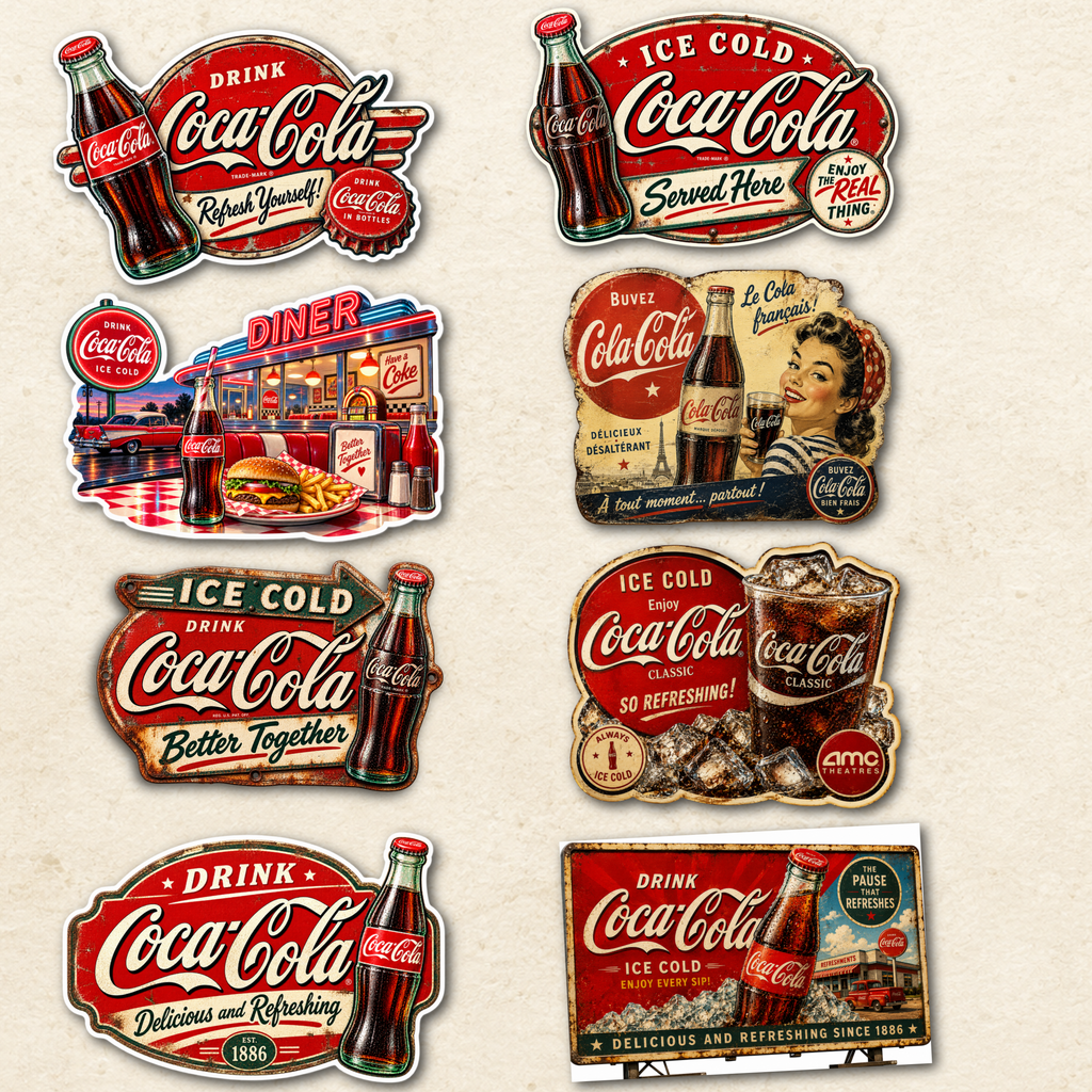 Vintage Coca-Cola Die-Cut Sticker Collection – Set of 8 Classic Coke Retro Advertising Stickers