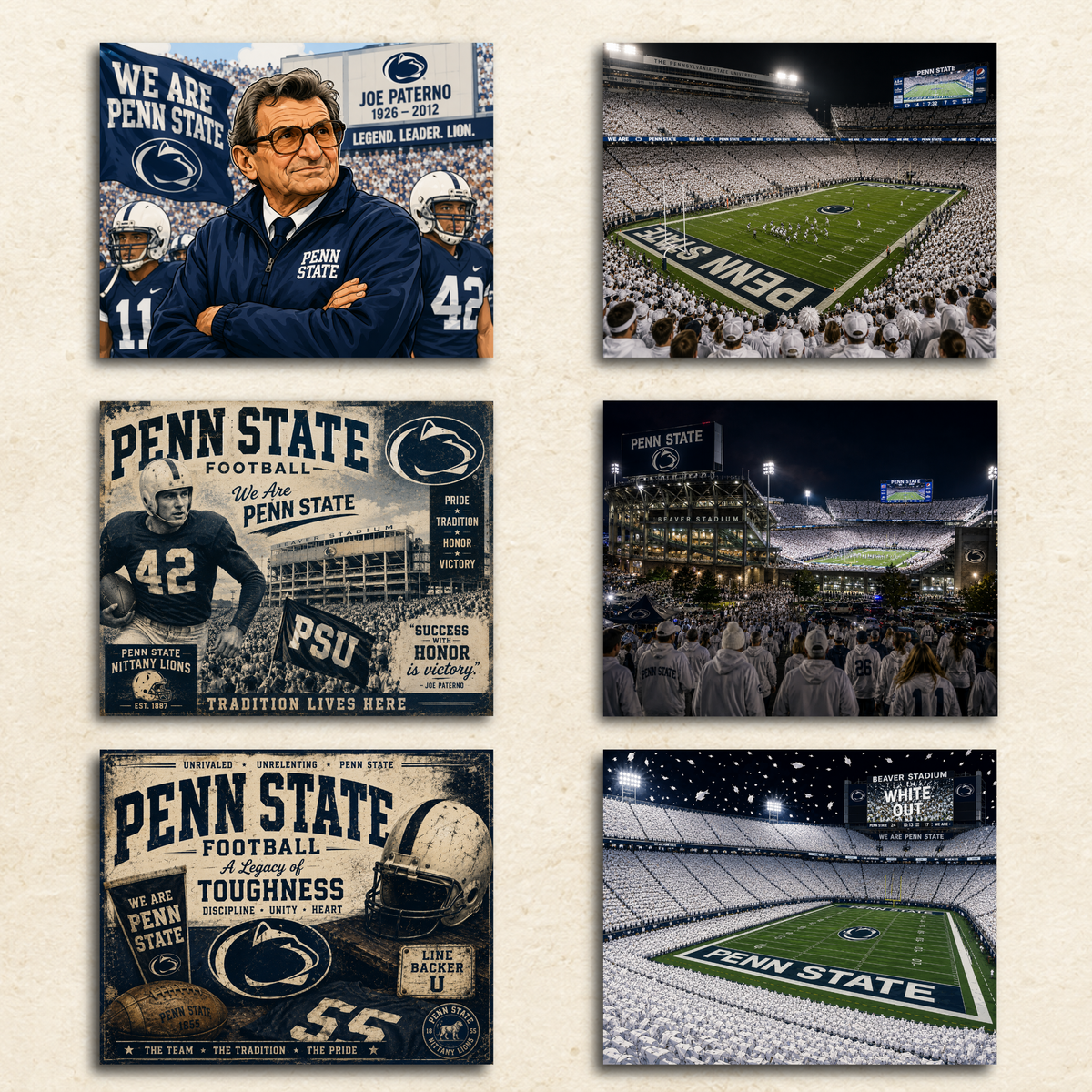 Penn State Football Sticker Set – 6 PSU Nittany Lions Stickers – Beaver Stadium White Out, Joe Paterno, Vintage Football