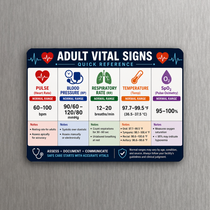 Adult Vital Signs Quick Reference Magnet – Nursing Medical Cheat Sheet – BP Pulse Respiration Temperature SpO2 – 3.6" x 2.6"