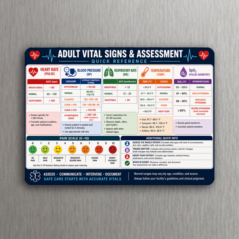 Adult Vital Signs & Assessment Quick Reference Magnet – Nursing Medical Cheat Sheet – BP, Pulse, SpO2, Pain Scale – 3.6" x 2.6"