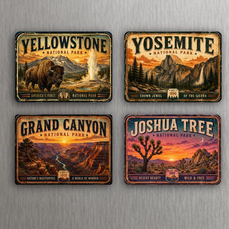 Vintage National Parks Magnet Set – Yellowstone Yosemite Grand Canyon Joshua Tree – 4 Pack - Choose image 1