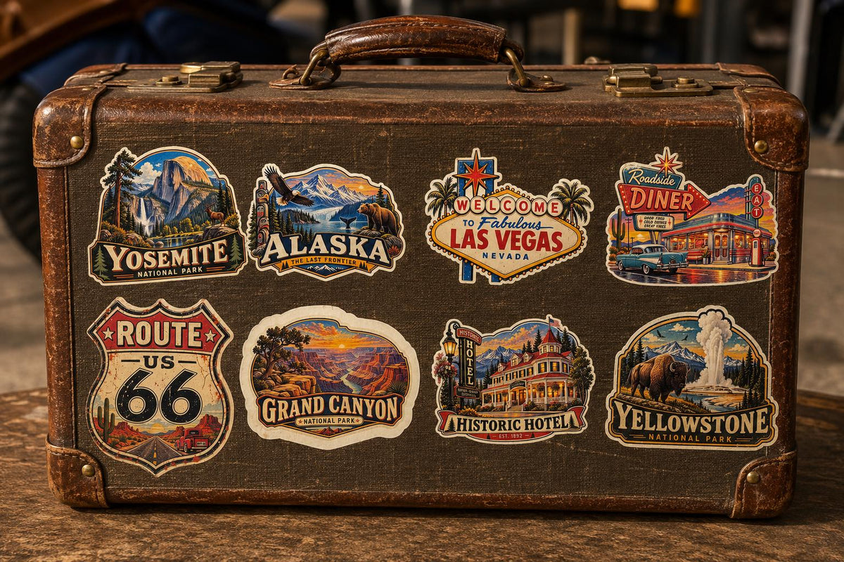 Vintage Travel Stickers Set of 8, Route 66 Sticker, Las Vegas, Yellowstone, Yosemite, Grand Canyon, Alaska, Retro Americana Die Cut Stickers image 1