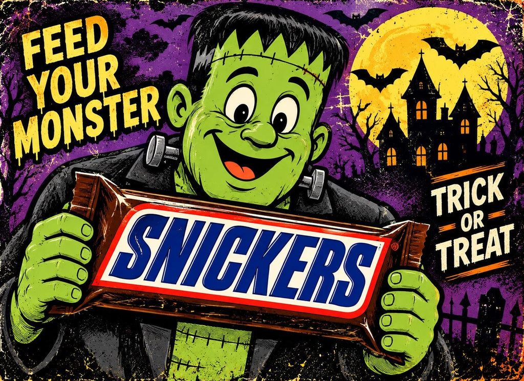 Halloween Candy Magnet Set – Reese’s, Snickers, Kit Kat  M&M’s – 4 Vintage Horror Magnets
