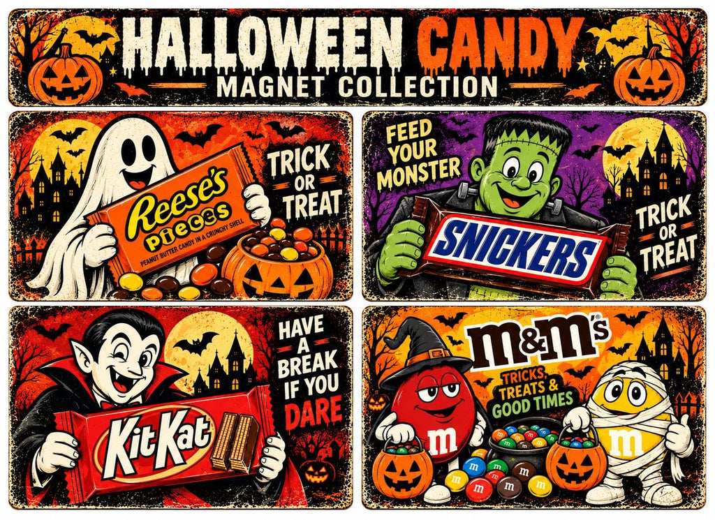 Halloween Candy Magnet Set – Reese’s, Snickers, Kit Kat  M&M’s – 4 Vintage Horror Magnets