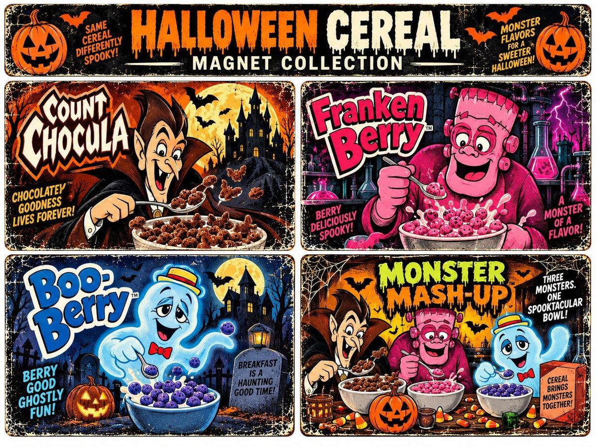 Halloween Monster Cereal Magnet – Count Chocula, Franken Berry, Boo Berry & Monster Mash-Up – Vintage Retro 3" Magnet