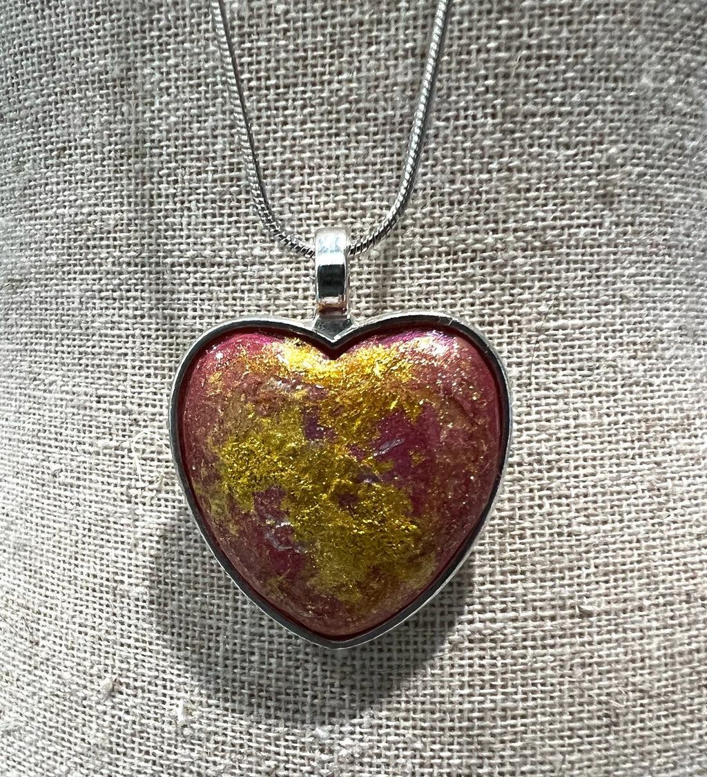 Handmade Hand-Painted Artistic Heart Necklace 18 in Stainless Steel Chain VIDEO