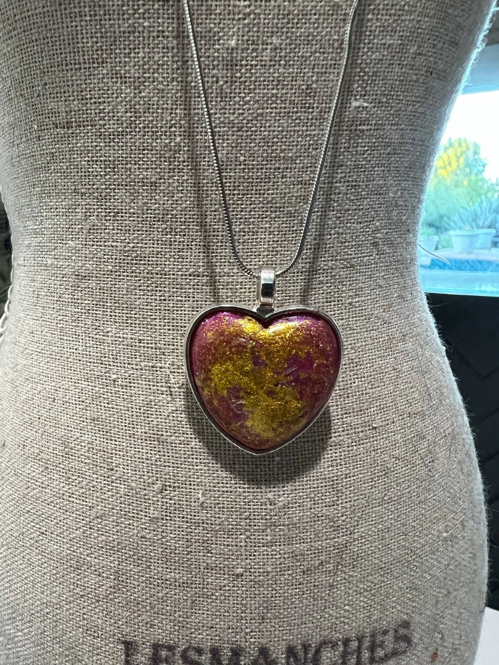 Handmade Hand-Painted Artistic Heart Necklace 18 in Stainless Steel Chain VIDEO
