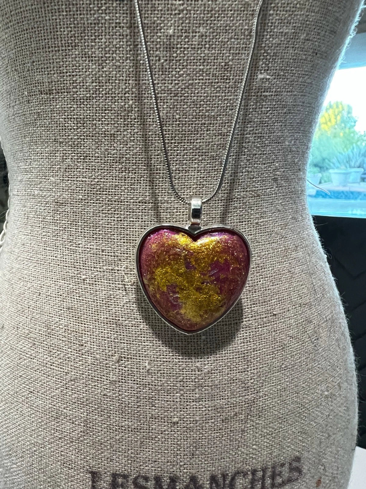 Handmade Hand-Painted Artistic Heart Necklace 18 in Stainless Steel Chain VIDEO