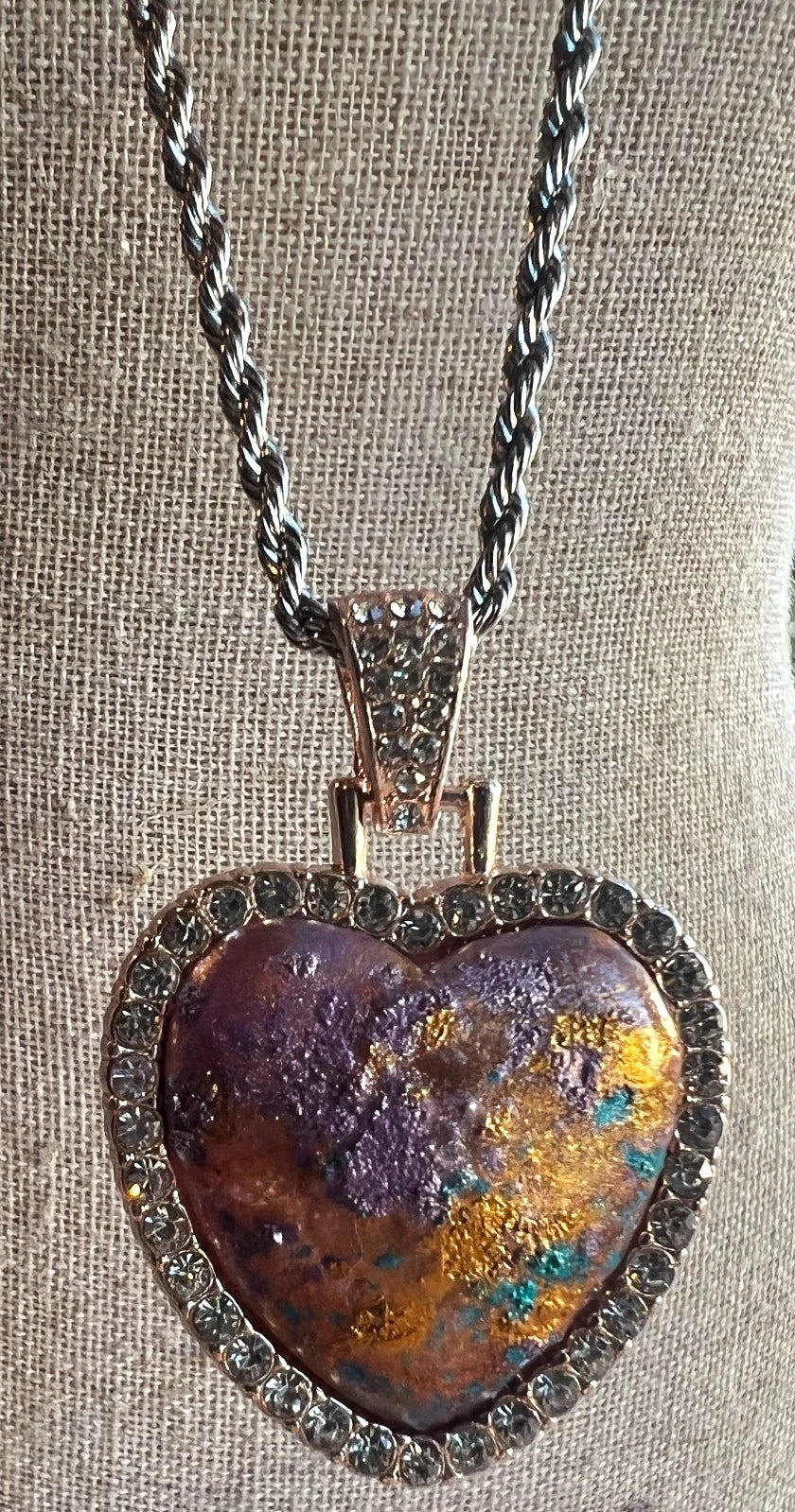 Handmade Hand-Painted Rhinestone Artistic Heart Necklace Stainless Silver Chain
