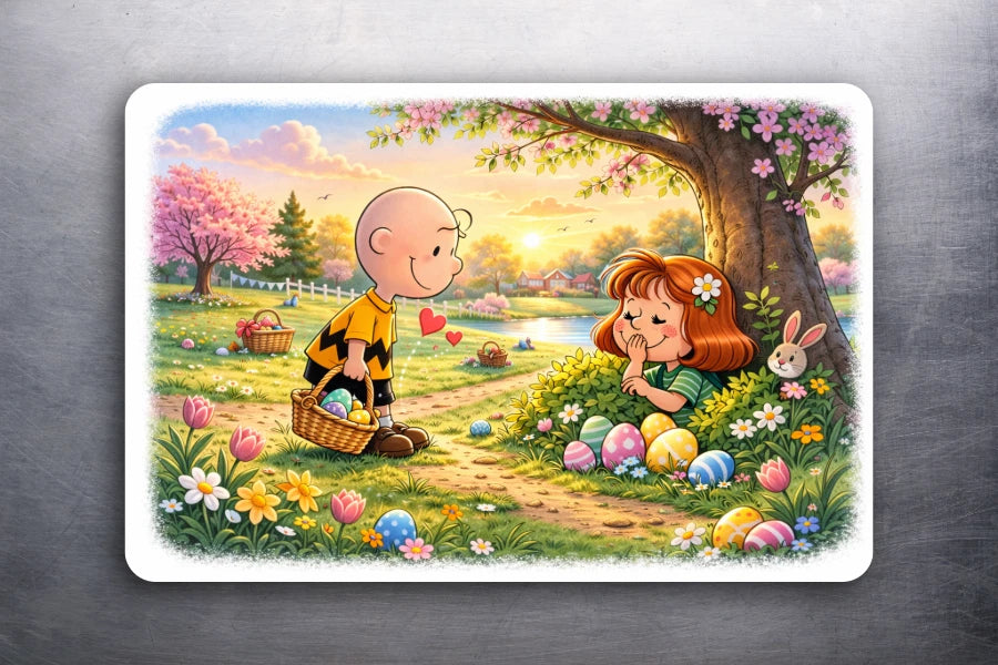 Art Peanuts Easter Egg Hunt Fridge Magnet: Charlie Brown & Mystery Girl