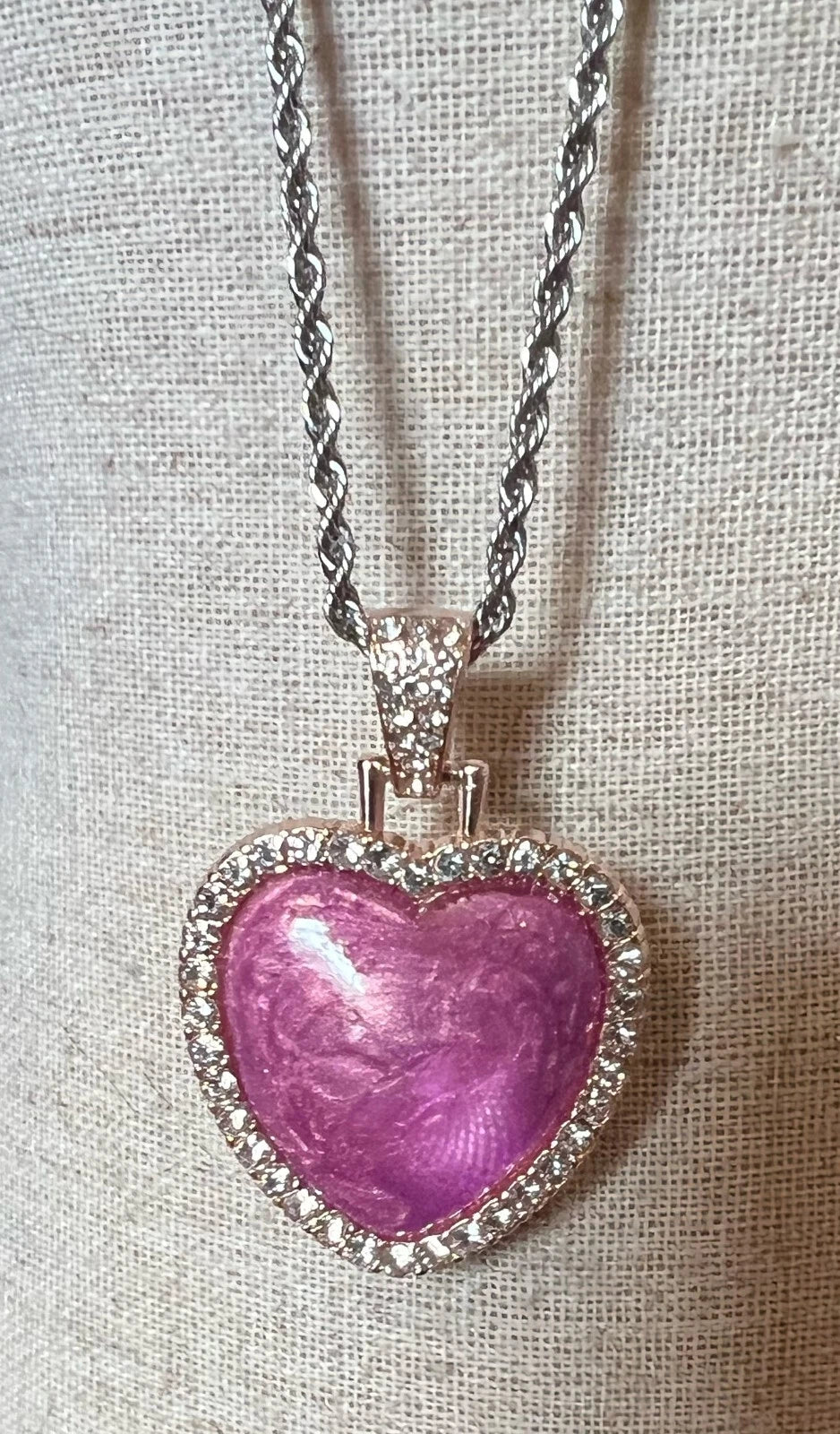 Handmade Hand-Painted Rhinestone Pink Heart Necklace Stainless Silver Chain