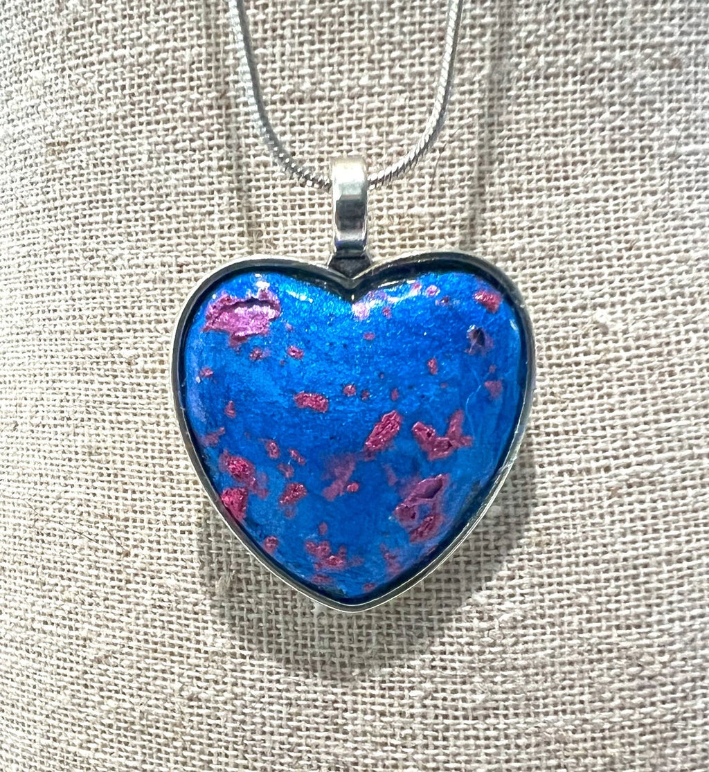 Handmade Hand-Painted Artistic Heart Necklace 18 in Stainless Steel Chain VIDEO