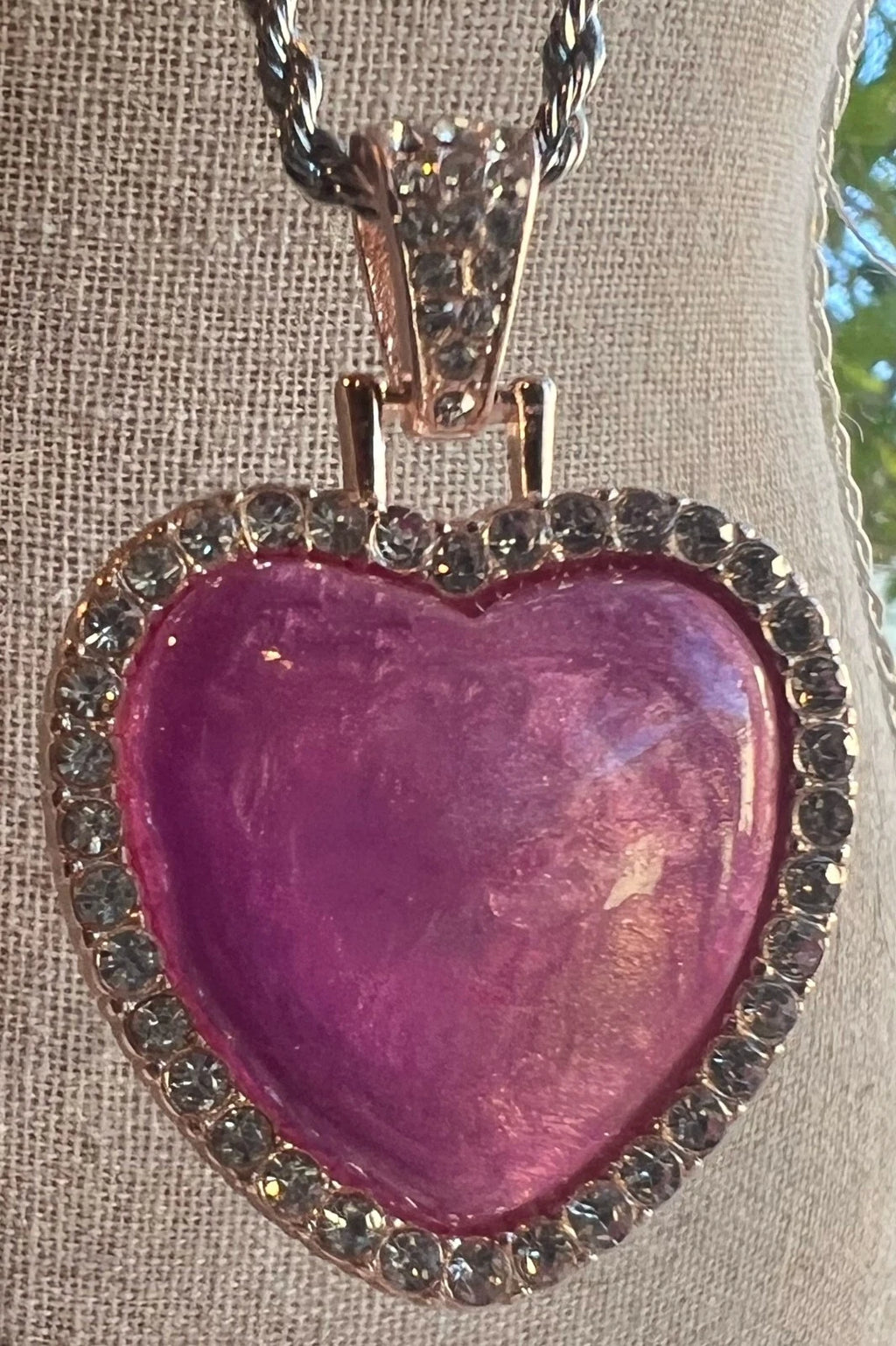 Handmade Hand-Painted Rhinestone Pink Heart Necklace Stainless Silver Chain