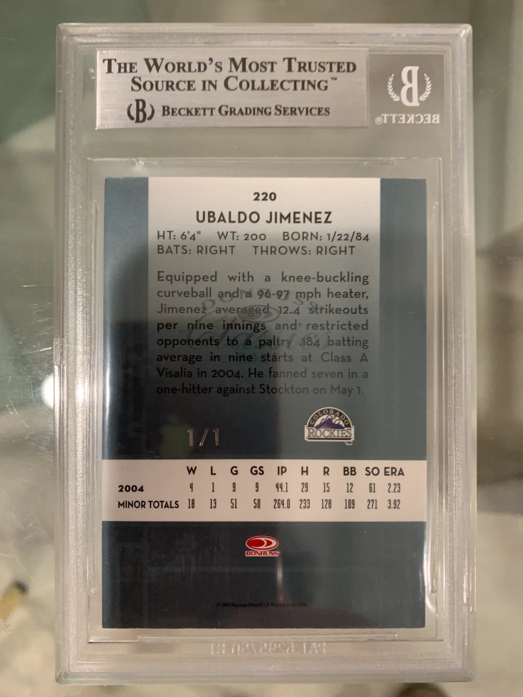 BGS 9 2005 Donruss Classics Timeless Tributes Platinum Ubaldo Jiminez RC #'d 1/1