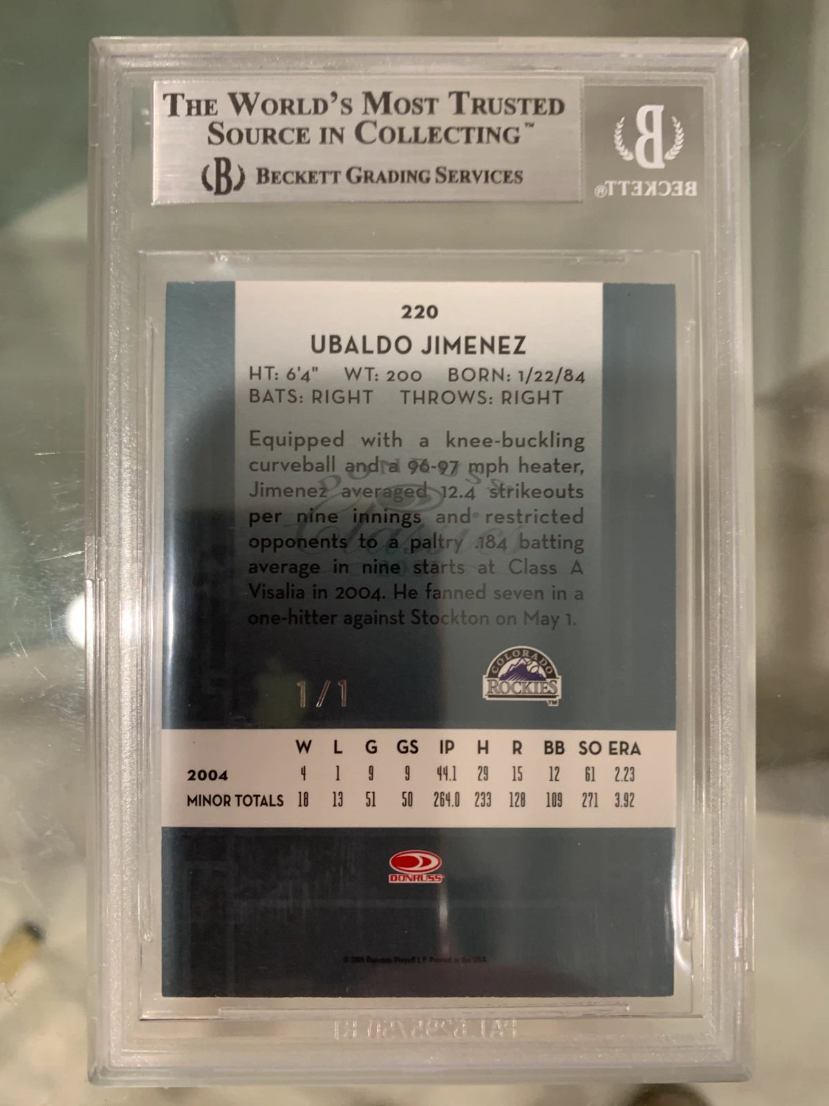 BGS 9 2005 Donruss Classics Timeless Tributes Platinum Ubaldo Jiminez RC #'d 1/1