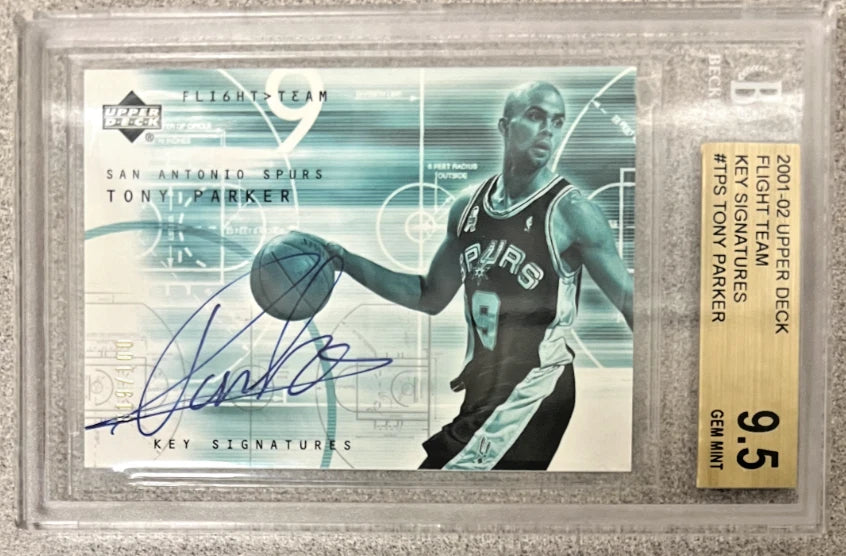 Tony Parker 2001-02 UD Flight Team Key Signatures RC AUTO BGS 9.5 OLD #'d/100
