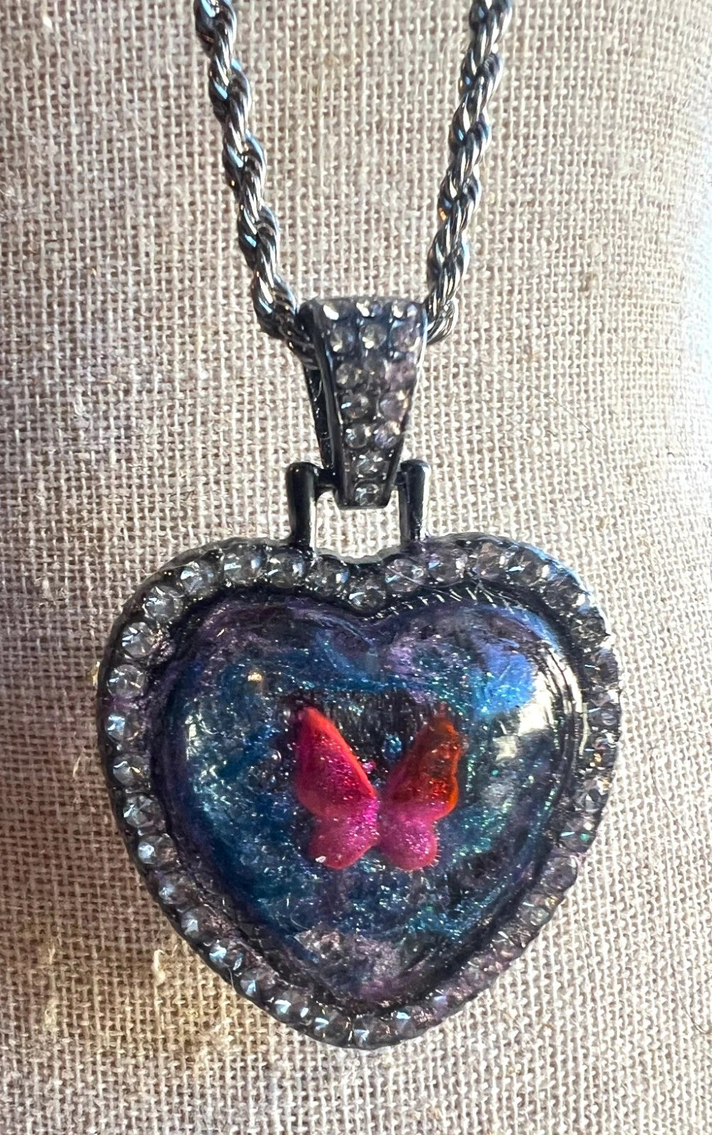 Handmade Hand-Painted Rhinestone Accents Butterfly Heart Necklace Silver Chain