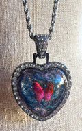 Handmade Hand-Painted Rhinestone Accents Butterfly Heart Necklace Silver Chain