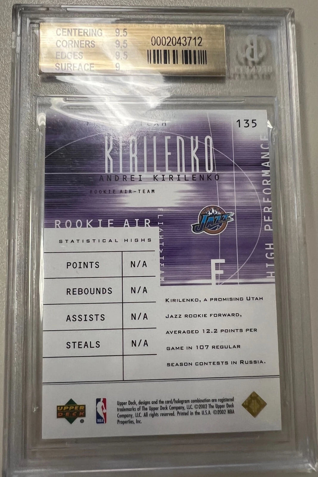 BGS 9.5 2001-02 Upper Deck Flight Team Andrei Kirilenko RC #'d/50 - Old Label
