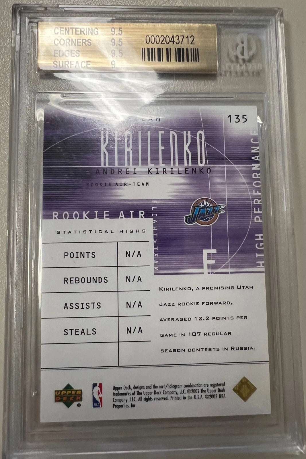 BGS 9.5 2001-02 Upper Deck Flight Team Andrei Kirilenko RC #'d/50 - Old Label
