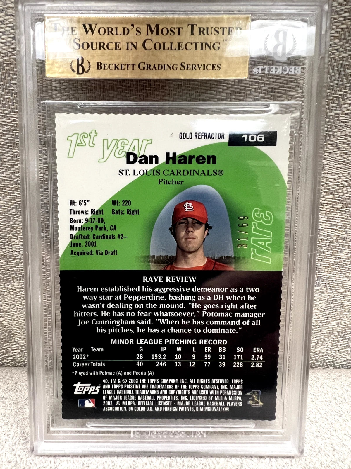 1/1 BGS 9.5 2003 Topps Pristine Gold Refractor Die-Cut /69 Dan Haren #106 RC