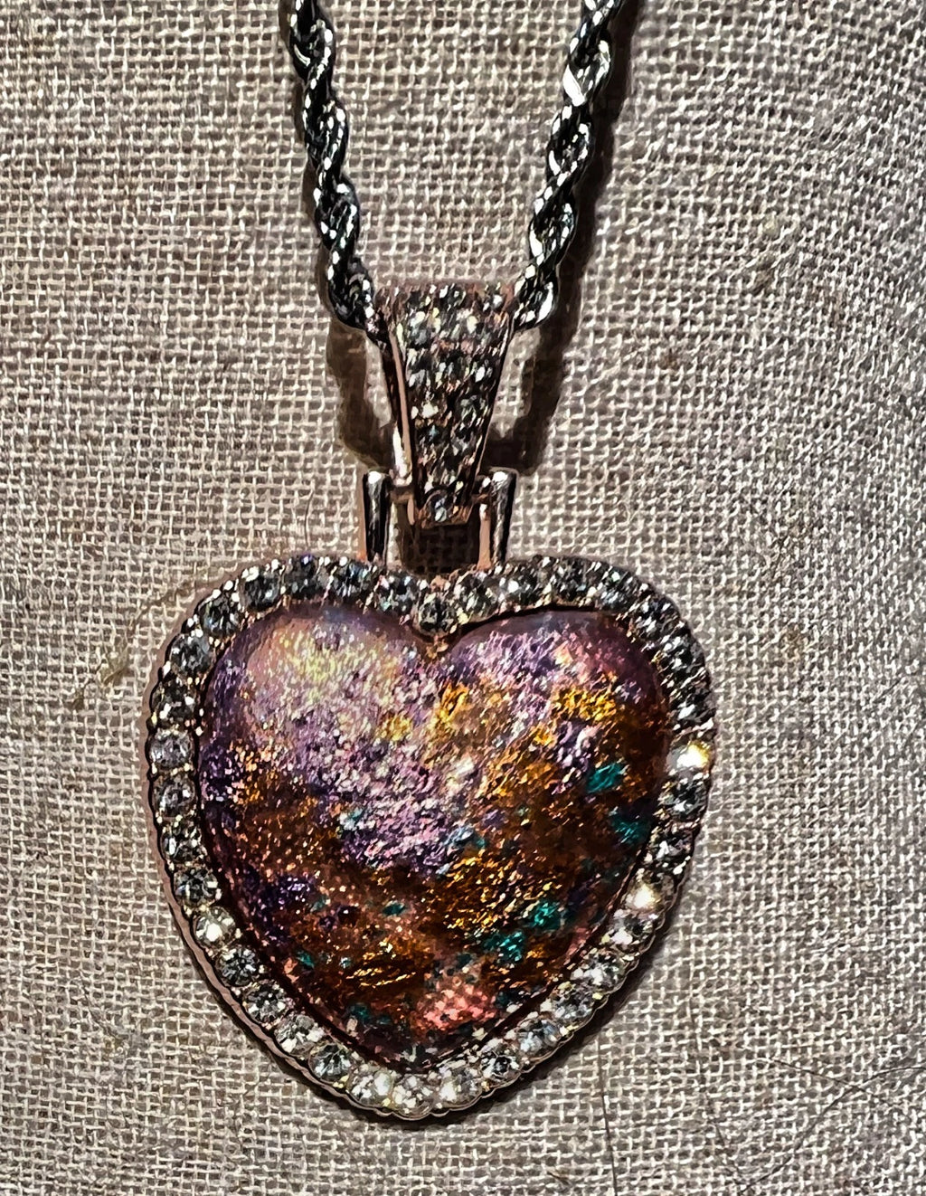 Handmade Hand-Painted Rhinestone Artistic Heart Necklace Stainless Silver Chain