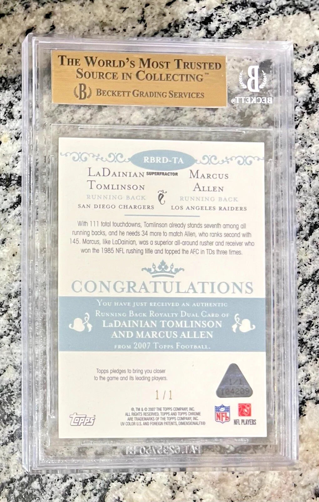 BGS 10 LaDainian Tomlinson/Allen 2007 Topps Chrome RBR Superfractors #'d 1/1
