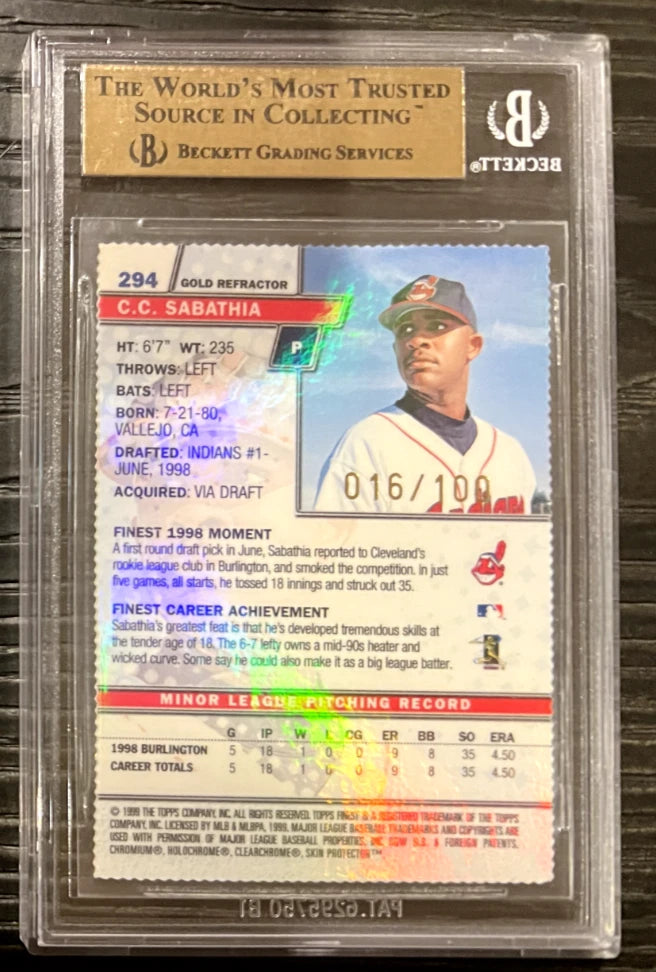 BGS 9.5 CC Sabathia 1999 Finest Gold Refractors w/10 Sur + 1/1 Match Print Proof