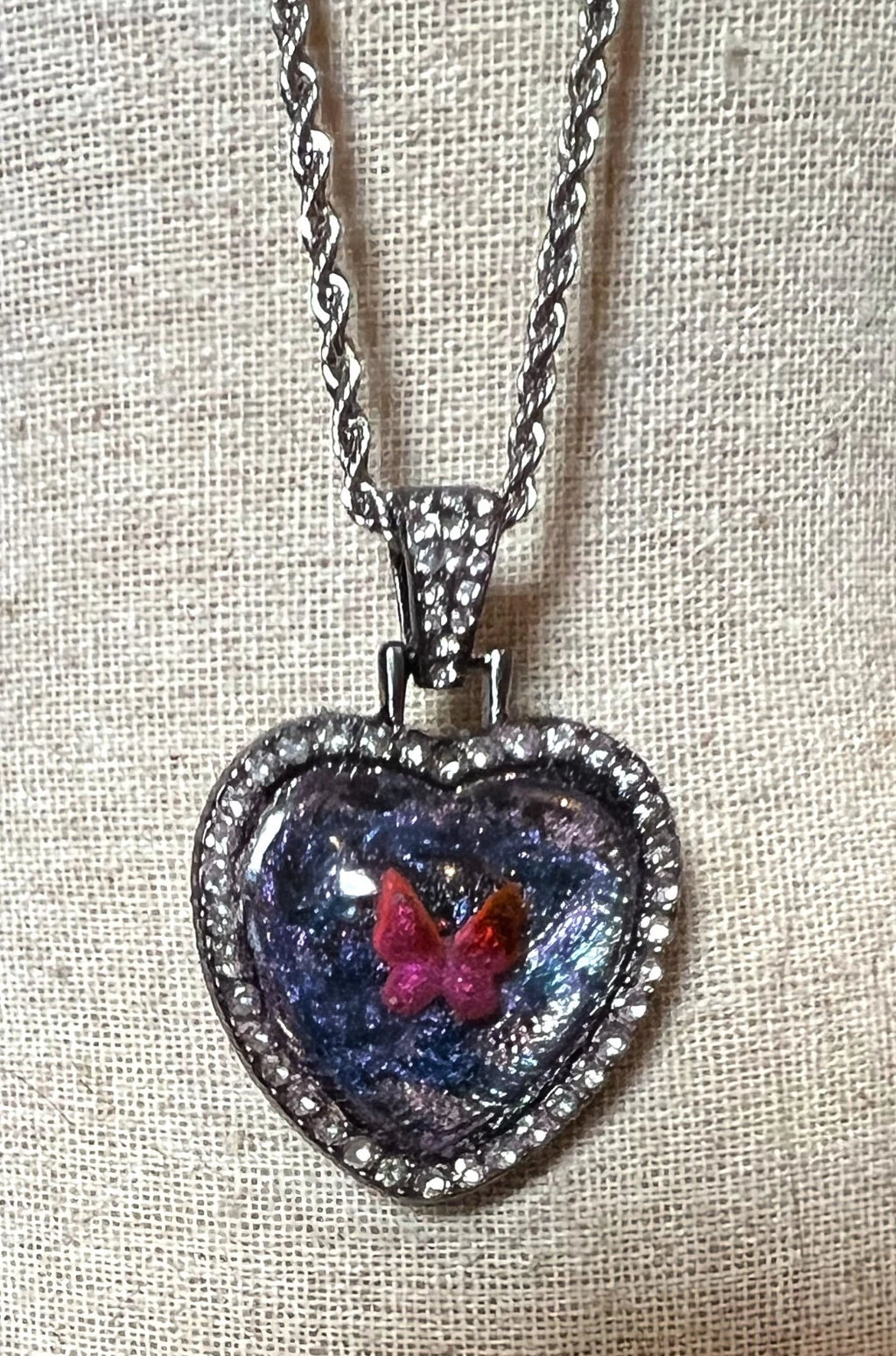 Handmade Hand-Painted Rhinestone Accents Butterfly Heart Necklace Silver Chain
