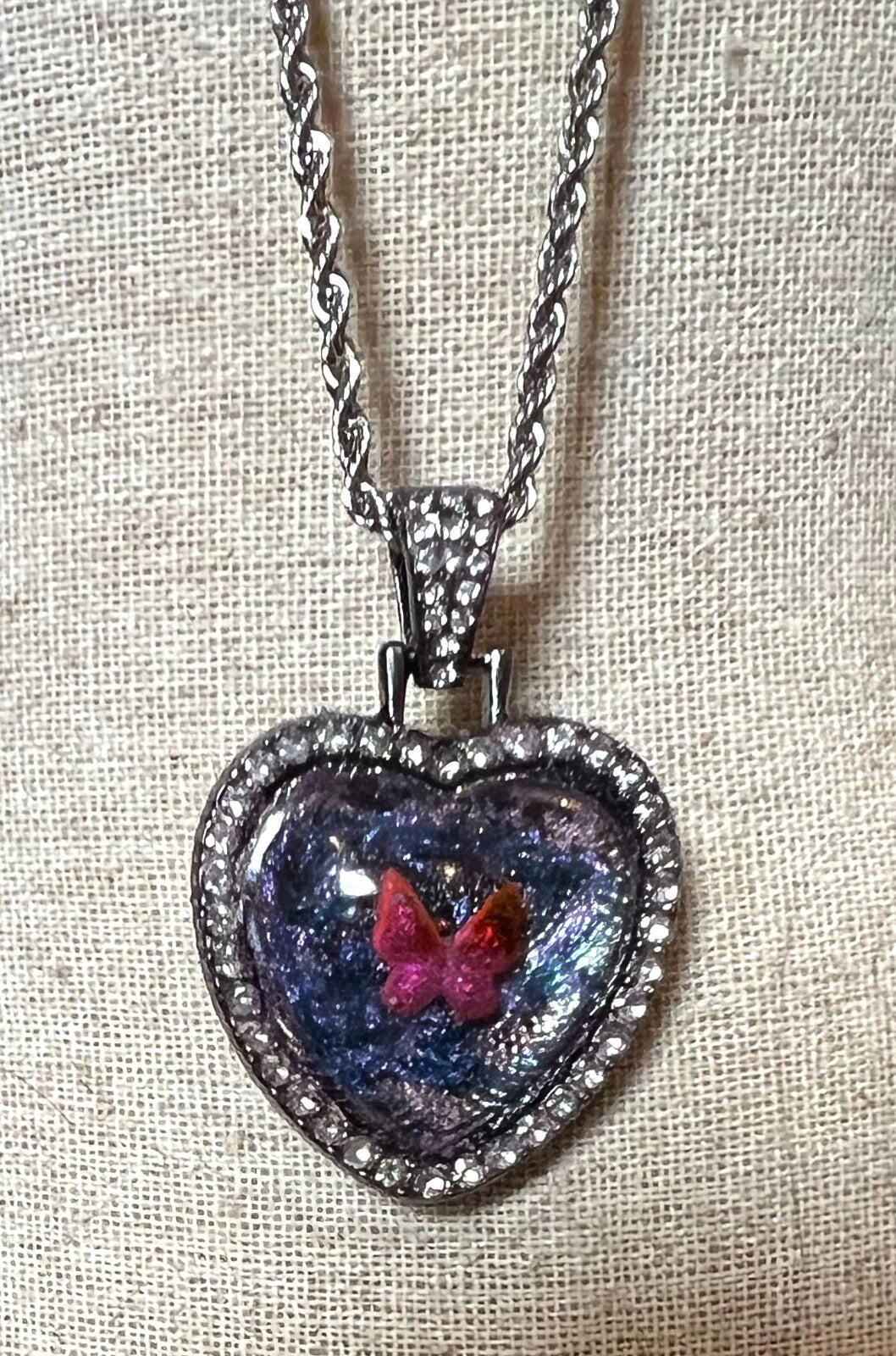Handmade Hand-Painted Rhinestone Accents Butterfly Heart Necklace Silver Chain