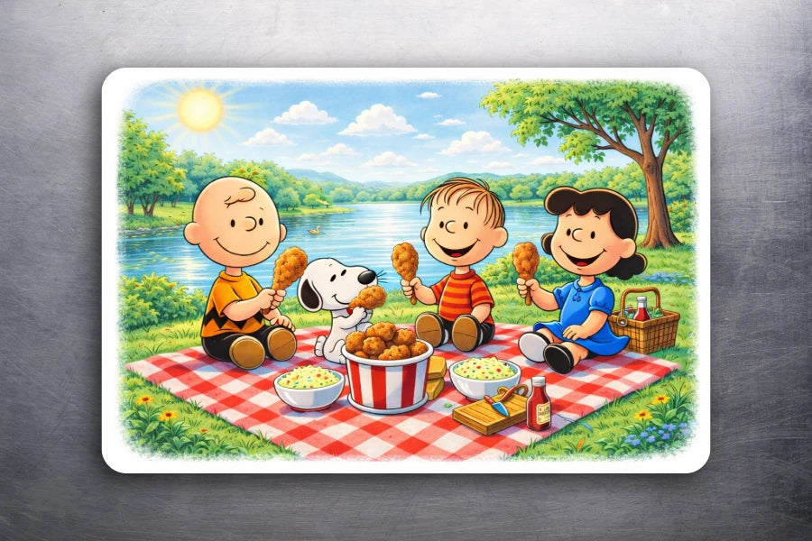 Art Peanuts Sunny Summer Lake Picnic Fridge Magnet: Charlie Brown & Gang