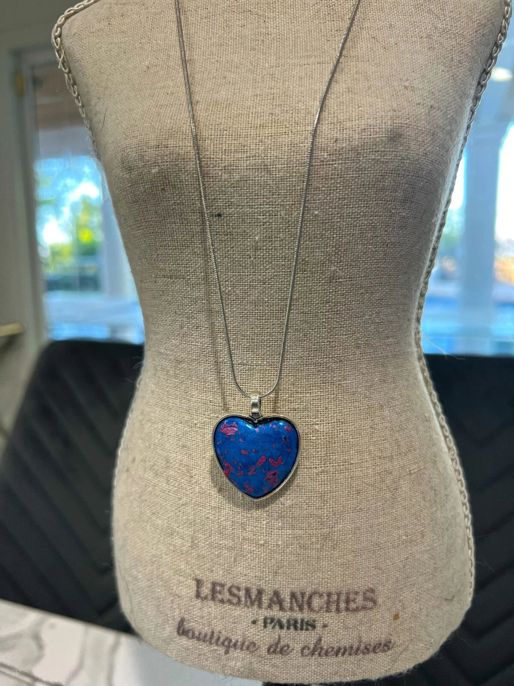 Handmade Hand-Painted Artistic Heart Necklace 18 in Stainless Steel Chain VIDEO