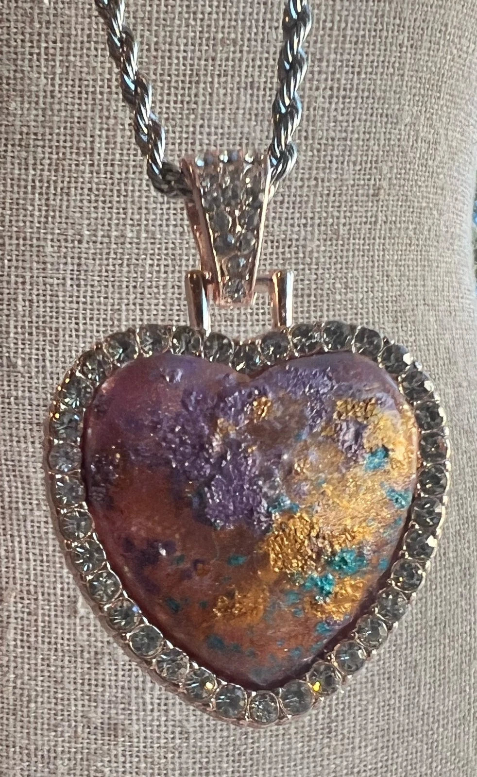 Handmade Hand-Painted Rhinestone Artistic Heart Necklace Stainless Silver Chain