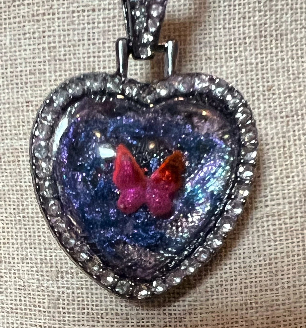 Handmade Hand-Painted Rhinestone Accents Butterfly Heart Necklace Silver Chain