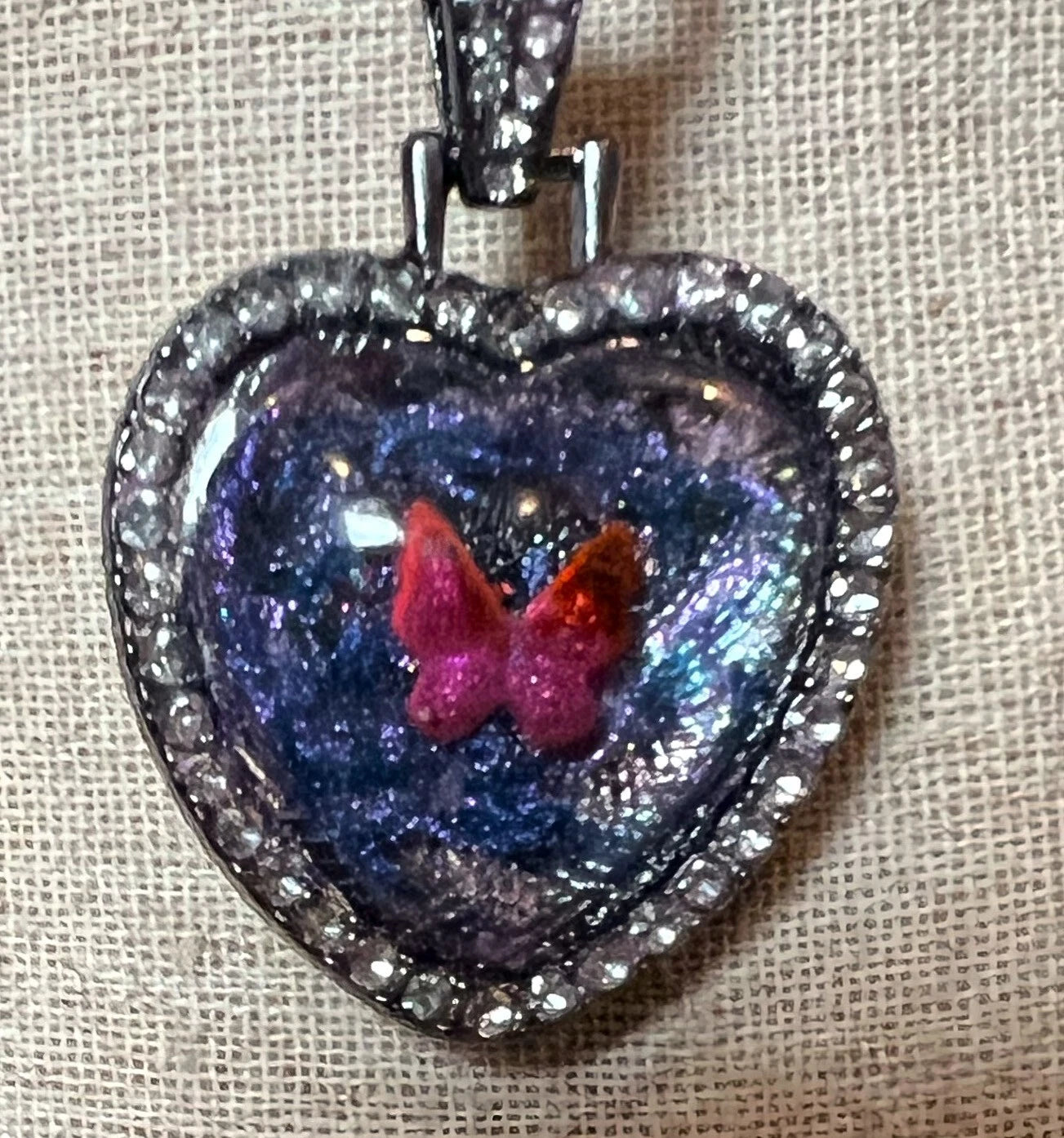 Handmade Hand-Painted Rhinestone Accents Butterfly Heart Necklace Silver Chain