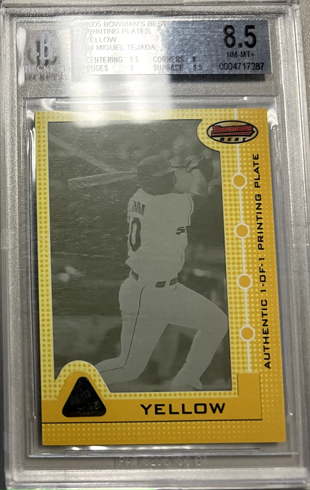 BGS 8.5 2005 Miguel Tejada Yellow Printing Plate Bowmans Best #'d 1/1 (2x 9.5)