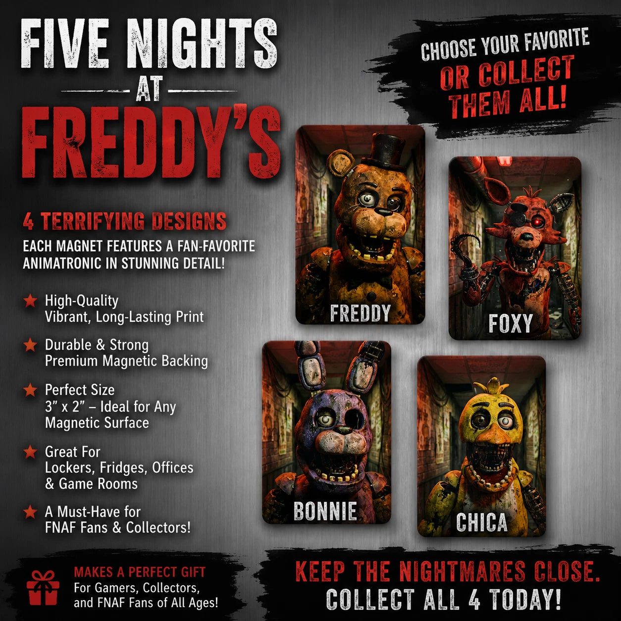 Five Nights at Freddy's Magnet | Freddy Bonnie Chica Foxy 3 x 2 Fridge Magnet